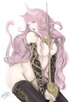  animal_ears breasts cat_ears dated detached_sleeves hair_censor highres large_breasts long_hair nude open_mouth pink_hair rapier signature simple_background sketch solo sword tail thighhighs very_long_hair weapon white_background yamamoto_naoki_(bassman_naoki) 