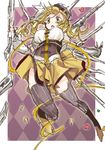  bad_id bad_pixiv_id blonde_hair bouncing_breasts breasts corset detached_sleeves drill_hair gun hat large_breasts magical_girl magical_musket mahou_shoujo_madoka_magica ribbon shida_(xwheel) skirt solo striped striped_legwear thighhighs tomoe_mami twin_drills twintails vertical-striped_legwear vertical_stripes weapon yellow_eyes 