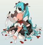  aqua_eyes aqua_hair bandages dress eyepatch hair_ribbon hatsune_miku highres knife long_hair mirai_delivery miyama_fugin nail_polish petals ribbon sitting socks solo stuffed_animal stuffed_toy teddy_bear twintails very_long_hair vocaloid wariza 