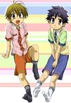  2boys dress_shirt friends ichinose_tsubasa kiriya_gymno moriumi_tomo multiple_boys necktie school_boys! shirt shorts shota sitting smile socks sweater_vest tie 