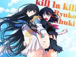  black_hair blue_eyes character_name copyright_name dress epaulettes holding_hands junketsu kill_la_kill kiryuuin_satsuki levant. lion_(macross_frontier) long_hair macross macross_frontier matoi_ryuuko midriff multicolored_hair multiple_girls open_mouth parody school_uniform senketsu serafuku short_hair skirt streaked_hair suspenders 