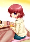  amano_mishio blush bowl casual cup food fruit holding kanon kotatsu long_sleeves looking_at_viewer looking_back mandarin_orange orange_peel purple_eyes red_hair short_hair solo sweater table yunomi zen 