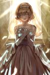  alice_margatroid alternate_costume banned_artist blush bridal_veil closed_eyes dress feathers gloves hand_on_own_chest happy kozou_(soumuden) light open_mouth ribbon short_hair sleeveless smile solo tiara touhou veil wedding_dress white_dress window 