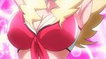  1girl animated animated_gif armpits arms_up blonde_hair boobies_uniform bouncing_breasts breasts cleavage head_out_of_frame honey_(space_dandy) large_breasts long_hair lowres simple_background solo space_dandy 