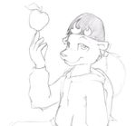  anthro apple clothing fruit fur hair hat hoodie long_hair looking_at_viewer male mammal mustelid otter packmind plain_background sketch smile solo white_background 