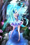  aqua_hair arm_up bug butterfly day dress flower hatsune_miku highres insect long_hair open_mouth reaching realdragon sky solo squirrel tree twintails very_long_hair vocaloid 