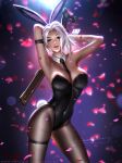  1girl animal_ears arm_strap armpits arms_up ashe_(overwatch) bare_shoulders black_legwear black_leotard blurry blurry_background breasts bunny_ears bunny_tail bunnysuit cleavage covered_navel cowboy_shot detached_collar eyeshadow fishnet_pantyhose fishnets gun highres holding holding_gun holding_weapon large_breasts legs_apart leotard liang_xing lips looking_at_viewer makeup mole_above_mouth necktie overwatch pantyhose parted_lips patreon_username petals red_eyes signature solo strapless strapless_leotard tail tattoo thigh_strap watermark weapon web_address white_hair wrist_cuffs 
