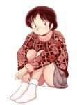  :&gt; bobby_socks brown_hair highres lafolie looking_at_viewer maison_ikkoku nanao_kozue pink_hair pullover short_hair skirt smile socks solo very_short_hair white_background white_legwear 