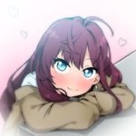  blue_eyes blush brown_hair chibi earrings heart ichinose_shiki idolmaster idolmaster_cinderella_girls jewelry long_hair looking_at_viewer off_shoulder smile solo tkhs 