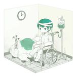  aojiru_(yume_2kki) bad_id bad_pixiv_id bandages barefoot bed expressionless full_body green_blood green_eyes hospital_bed indoors isometric lito_(24281122) looking_at_viewer male_focus pajamas room sitting solo wheelchair yume_2kki 