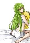  ass bad_id bad_pixiv_id barefoot boyshorts c.c. cheese-kun code_geass green_hair long_hair shida_(xwheel) sitting sports_bra wariza yellow_eyes 