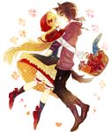  1girl animal_ears apple bad_id bad_pixiv_id basket big_bad_wolf_(grimm) blonde_hair blue_eyes blush boots couple food fruit grimm's_fairy_tales hand_on_another's_cheek hand_on_another's_face heart hetero highres hood hug lingmuzi little_red_riding_hood little_red_riding_hood_(grimm) long_hair original ponytail smile very_long_hair wolf_ears 