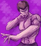  abs brown_hair fei_long fighting_stance looking_away male_focus pose purple_background serious shirtless solo street_fighter tsukumo 