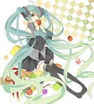  ahoge apple blue_eyes boots detached_sleeves eating food fruit green_hair hatsune_miku highres long_hair mekune necktie skirt solo thigh_boots thighhighs twintails very_long_hair vocaloid 