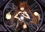  armlet bare_shoulders brown_eyes brown_hair china_dress chinese_clothes dress dungeon_and_fighter fighter_(dungeon_and_fighter) fireball hair_ornament hairpin highres long_hair nen_master_(dungeon_and_fighter) solo thighhighs twintails wangchuan_de_quanyan 