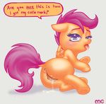  anus blush butt cub cum dialog english_text equine female feral friendship_is_magic fur hair half-closed_eyes hooves horse looking_at_viewer lying mammal mcponyponypony my_little_pony on_side orange_fur pegasus plain_background pony purple_eyes purple_hair pussy raised_tail saliva scootaloo_(mlp) shadow solo text tongue wings young 