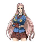  blue_eyes breasts crossed_arms earrings jewelry juliana_eberhardt large_breasts necktie official_art pink_hair plaid plaid_skirt senjou_no_valkyria senjou_no_valkyria_2 skirt solo uniform 