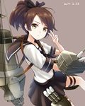  brown_background brown_hair dated hair_ribbon hanamuke highres kantai_collection looking_at_viewer ponytail ribbon school_uniform serafuku shikinami_(kantai_collection) short_hair simple_background skirt solo v yellow_eyes 