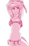  alternate_costume arms_over_head arms_up belt beret breasts gloves hat holster jakuzure_nonon kill_la_kill monochrome navel nudist_beach_uniform pink_hair pouch short_hair smile solo standing tanto tantou 