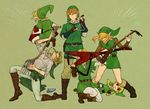  :3 accordion bad_id bad_pixiv_id blonde_hair boots castanets closed_eyes earrings fingerless_gloves gloves guitar hat instrument jewelry jumping kneeling link looking_at_viewer lying male_focus multiple_boys ocarina on_side parted_lips pitchfork pointy_ears smile standing the_legend_of_zelda the_legend_of_zelda:_a_link_to_the_past the_legend_of_zelda:_ocarina_of_time the_legend_of_zelda:_skyward_sword the_legend_of_zelda:_the_wind_waker the_legend_of_zelda:_twilight_princess tobacco_(tabakokobata) toon_link triangle_(instrument) tunic 