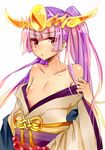  bad_id bad_pixiv_id bare_shoulders collarbone flat_chest guiyu_(cindy) japanese_clothes kimono nipples off_shoulder purple_hair puzzle_&amp;_dragons red_eyes simple_background solo twintails white_background yomi_(p&amp;d) 