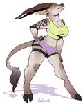  antelope anthro barefoot breasts brown_fur clothed clothing cloven_hooves ear_piercing female fur green_eyes hand_on_hip horn khana_liis midriff navel nut-case piercing plain_background pose shadow shorts solo tail_tuft tattoo tuft 
