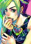  double_bun green_eyes green_hair jojo_no_kimyou_na_bouken kuujou_jolyne multicolored_hair nail_polish natsuki_(jojo2119) purple_hair solo stone_ocean tegaki two-tone_hair 