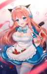  1girl :d animal_ears apron bangs blue_dress blue_eyes blue_neckwear blurry blush bow bowtie breasts cat_ears cleavage collared_dress commentary_request cowboy_shot depth_of_field dress food frilled_apron frilled_cuffs frills fruit hand_up head_tilt holding holding_food holding_fruit large_breasts long_hair looking_at_viewer maid maid_apron maid_headdress naomi_(fantasia) open_mouth original pink_hair plaid plaid_bow puffy_short_sleeves puffy_sleeves short_sleeves sidelocks smile solo strawberry thighhighs upper_teeth white_apron white_legwear wrist_cuffs 
