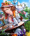  bird bird_request bracelet breasts cake chair cleavage cup day dutch_angle earrings food forest_witch glasses green_eyes hat highres jewelry large_breasts long_hair nakano_tomokazu orange_hair outdoors plant rimless_eyewear shingeki_no_bahamut sitting staff table tan tea teacup teapot vines witch_hat 