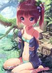  :o bad_anatomy barefoot bikini bow_bikini brown_hair frilled_bikini frills hair_ornament hair_ribbon highres hood hoodie jacket kankurou navel off_shoulder open_clothes open_jacket open_mouth original partially_submerged polka_dot polka_dot_bikini polka_dot_ribbon polka_dot_swimsuit purple_eyes ribbon short_hair sitting sleeves_past_wrists solo swimsuit twintails wariza water 