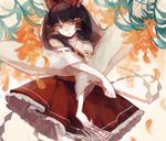 bad_id bad_pixiv_id between_fingers black_hair bow clea crossed_arms flower frilled_skirt frills gohei hair_bow hair_tubes hakurei_reimu leaf long_hair looking_at_viewer looking_to_the_side ofuda petals ribbon-trimmed_sleeves ribbon_trim skirt solo touhou white_background wide_sleeves yellow_eyes 