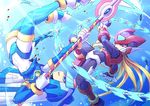  1girl blonde_hair blood blue_eyes helmet leviathan_(rockman) nasu_(roda_de_estrela) polearm rockman rockman_zero spear underwater weapon whip zero_(rockman) 