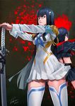  black_hair blue_eyes boots breasts dress epaulettes eyebrows hair_ornament hairclip highres junketsu katana kill_la_kill kiryuuin_satsuki long_hair matoi_ryuuko medium_breasts midriff multiple_girls nakano_tomokazu over_shoulder planted_sword planted_weapon pleated_dress pleated_skirt scissor_blade senketsu short_hair skirt solo_focus suspenders sword thick_eyebrows thigh_boots thighhighs tsurime weapon weapon_over_shoulder 