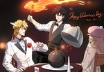  2boys bad_id bad_pixiv_id black_hair blonde_hair bomb caesar_anthonio_zeppeli corsage facial_mark feathers flower formal hair_feathers headband jojo_no_kimyou_na_bouken joseph_joestar_(young) linjie multiple_boys red_flower red_rose rose suit sweatdrop torch vest waistcoat waiter 