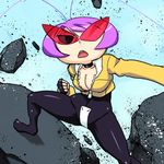  antennae black_torch bodysuit borrowed_character breasts choker cleavage cropped_jacket crotch_plate fallout_(black_torch) fingerless_gloves gloves ground_shatter kamina_shades large_breasts purple_hair short_hair solo sunglasses tsukudani_(coke-buta) unzipped 