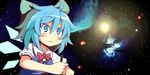 blue_eyes blue_hair bow cirno commentary_request dorowa_no_hito hair_bow highres ice ice_wings parody pen solo space star_(sky) touhou universe wings 