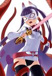  beam_saber belt black_legwear blush cape komadori_renge long_hair mask mizuki_(mizuki_ame) open_mouth purple_hair sekai_seifuku:_bouryaku_no_zvezda solo sweat tentacles thighhighs twintails white_robin 