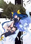  asymmetrical_wings bare_shoulders blue_hair choker dizzy feathers guilty_gear long_hair navel necro_(guilty_gear) red_eyes ribbon solo tail tail_ribbon undine_(guilty_gear) wings yamaishi_(mukoubuti) 