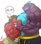  abs anthro beard biceps big_muscles blue_hair blue_skin blush brown_eyes chinese_dragon claws clothing dragon facial_hair fangs flammars gay green_eyes green_hair grey_skin grin gripping hair holding horn huge_muscles male muscles pec_grasp pecs plain_background pose purple_skin quazy red_dragon red_skin reptile scales scalie shorts smile standing teeth toned topless white_background 