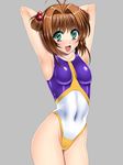  adapted_costume antenna_hair armpits arms_up bad_id bad_pixiv_id brown_hair cardcaptor_sakura competition_swimsuit cosplay covered_navel green_eyes gundam gundam_seed gundam_seed_destiny highleg highleg_leotard highleg_swimsuit highres kinomoto_sakura leotard meer_campbell meer_campbell_(cosplay) one-piece_swimsuit purple_leotard sen_(sansui) shiny shiny_clothes shiny_skin short_hair solo swimsuit twintails two_side_up white_leotard 