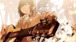  acoustic_guitar brown_eyes brown_hair buttons checkered collared_shirt flower foreshortening guitar highres instrument looking_away loundraw mouth_hold open_collar original plectrum product_placement sepia shirt short_hair signature solo sweater tree wallpaper white_shirt 