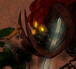  bad_id bad_pixiv_id battle blonde_hair determined earrings eye_contact fangs from_side ganon glowing glowing_eyes hat holding holding_sword holding_weapon horns jewelry link looking_at_another male_focus pointy_ears profile serious sharp_teeth sword teeth the_legend_of_zelda tobacco_(tabakokobata) weapon 