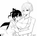  breasts cleavage cross greyscale hug jewelry large_breasts lineart monochrome multiple_girls necklace open_mouth short_hair simple_background smile white_background zaxwu 