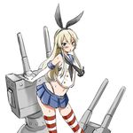  blonde_hair blush elbow_gloves gloves kantai_collection long_hair looking_at_viewer navel shimakaze_(kantai_collection) simple_background skirt solo striped striped_legwear thighhighs white_background zaxwu 
