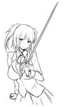  blush breasts greyscale large_breasts lineart looking_at_viewer monochrome simple_background solo sword weapon white_background zaxwu 