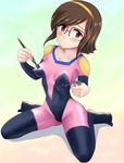 :&lt; barefoot blush bodypaint bodysuit breasts brown_eyes brown_hair commentary_request cosplay g_gundam glasses gundam gundam_build_fighters highres kousaka_china looking_at_viewer medium_breasts mobile_trace_suit naked_paint navel nipples nude over-rim_eyewear painted_clothes painting pink_bodysuit rain_mikamura rain_mikamura_(cosplay) red-framed_eyewear semi-rimless_eyewear short_hair sitting solo wancozow wariza 