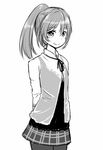 arms_behind_back flat_chest greyscale monochrome pantyhose ponytail simple_background skirt smile solo white_background zaxwu 