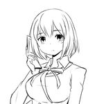  breasts cellphone greyscale large_breasts lineart looking_at_viewer monochrome phone short_hair simple_background sketch solo upper_body white_background zaxwu 