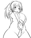  arms_behind_back blush breasts from_below greyscale large_breasts lineart looking_at_viewer looking_down monochrome o-ring o-ring_swimsuit simple_background slingshot_swimsuit solo swimsuit white_background zaxwu 