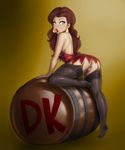  ass barrel black_legwear blue_eyes brown_hair collaboration colorized donkey_kong_(game) dress earrings eyelashes eyeshadow garter_straps highres jewelry lips lipstick lm_(legoman) long_hair makeup no_panties pauline_(mario) puckered_lips pussy red_dress short_dress solo soubriquetrouge thick_thighs thighhighs thighs tiptoes 